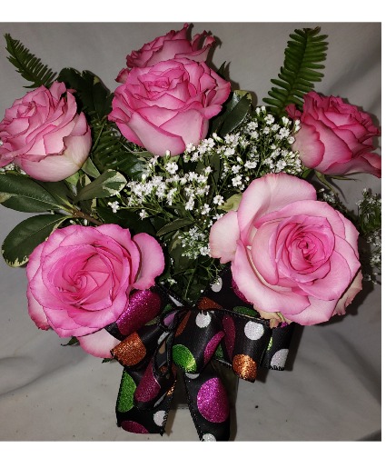 6 pink roses arranged in vase with a  (HA) halloween bow