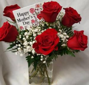 6 Red Roses arranged with filler and  (MD) wooden Mothers Day Pic.