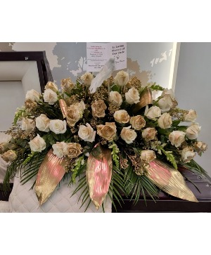 Gold and White Roses  Gold and White Roses, White Snaps, Wax Flowers, Gold Aspidistra Leaves, and Phoenix Robolini 