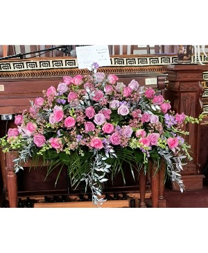 Heavenly Starburst Lavender Roses, Pink Roses White Snaps, Italian Ruscus, Leather Leaf, Pink Wax Flowers, Phoenix Robolini