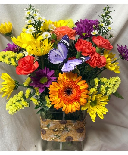 A COLORFUL SUMMER…bright yellow purple and Orange colors includes a butterfly pic! Flowers may vary 
