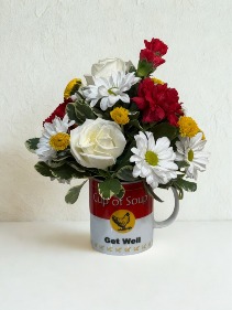 A Cup of Comfort Arranged Flowers in Ceramic Container