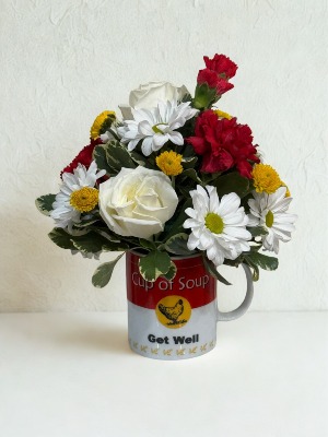 A Cup of Comfort Arranged Flowers in Ceramic Container
