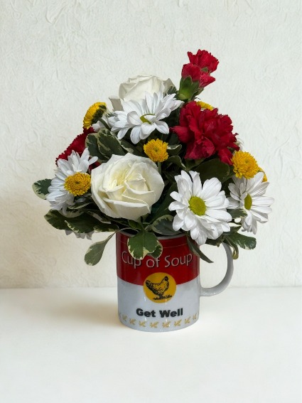 A Cup of Comfort Arranged Flowers in Ceramic Container