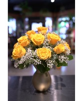 A Dozen Yellow Roses  Vased With Baby's Breath