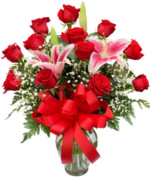 Heartfelt Dozen Roses with Stargazer Lilies Dozen Rose Vase