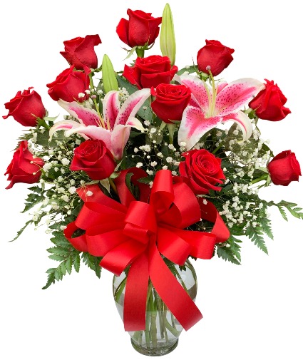 Heartfelt Dozen Roses with Stargazer Lilies Dozen Rose Vase