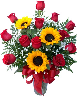 Classic Dozen Roses with Sunflowers Dozen Rose Vase