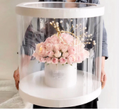 A WOW ARRANGEMENT ROSES IN THE CIRCLE CLEAR ROUND BOX 