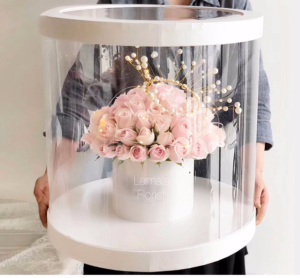 A WOW ARRANGEMENT ROSES IN THE CIRCLE CLEAR ROUND BOX 