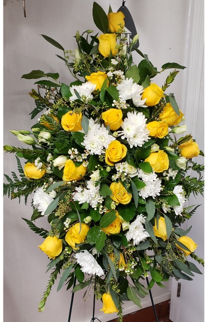 Abundant Farewell Tribute Spray Yellow & White Standing Spray 