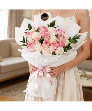 Admiration Pink & White Roses  wrapped Bouquet 