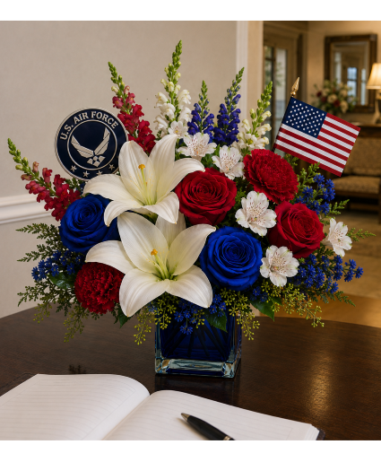 Air Force Blue Valor Bouquet Call Us for Faster Service & Daily Specials: (915) 303-8500 Text Us to Order Anytime: (915) 505-3708 Your trusted source for Flowers & Delivery in El Paso TX 