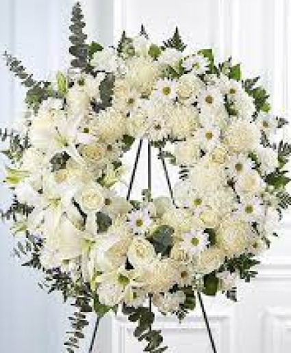 All white funeral wreath WE CAN MODIFY COLORS ACCORDINGLY  TO YOUR REQUEST 