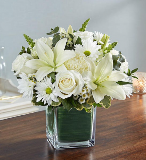 All White healing tears All white fresh flowers in a cube