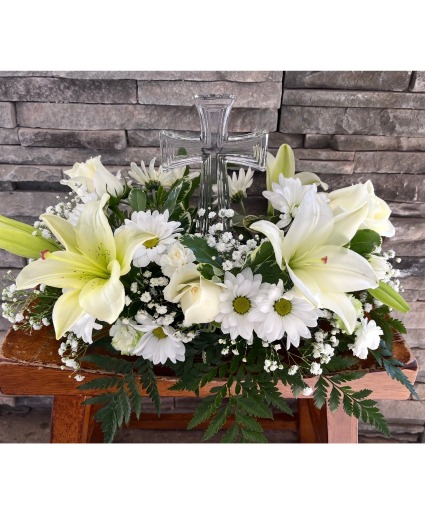 All White Serenity Crystal Cross Bouquet sympathy 