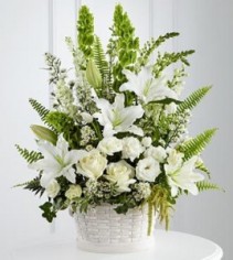 ALL WHITE SPLENDOR BASKET , ROSES,LILIES, SNAPS. LARKSPUR