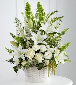 ALL WHITE SPLENDOR BASKET , ROSES,LILIES, SNAPS. LARKSPUR