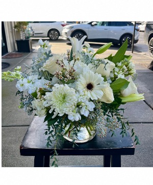 All White Arrangement Flowers and Vase Varies 