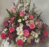 "Always Remembered"...(S) Pinks, purples, whites funeral arrangment.