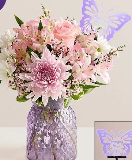 Amazing Mom with Glowing Butterfly   Pink and Lavender Flowers
