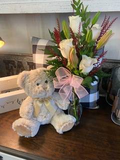 Ardent Expresions 4 Red Roses, Lilies in bud vase with bear