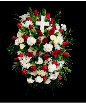 At The Cross Ceramic Cross with Red & White Flowers
