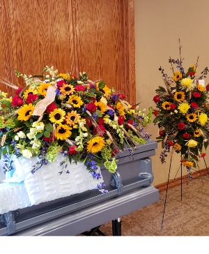 Autunms Goodbye casket spray and matching standing spray 