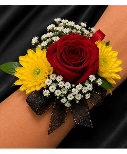 Aztec Golden Pride Wrist Corsage Call Us for Faster Service & Daily Specials: (915) 303-8500 Text Us to Order Anytime: (915) 505-3708 Your trusted source for Flowers & Delivery in El Paso TX 