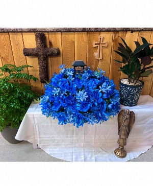 Azure Serenity Silk Flower Headstone Arrangement 