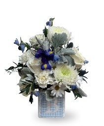 Baby Boy Blueprints Arranged Flowers in Keepsake Ceramic Container