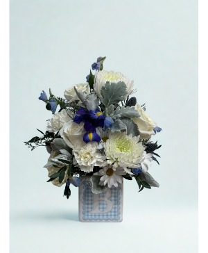 Baby Boy Blueprints Arranged Flowers in Keepsake Ceramic Container