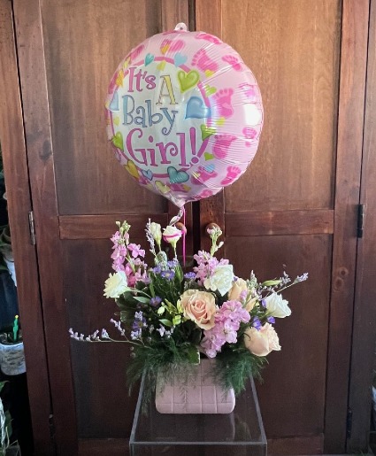 Baby girl arrangement with balloon Vase Arrangement