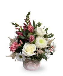Baby Girl Basket of Blessings Arranged Flowers in Keepsake Ceramic Container