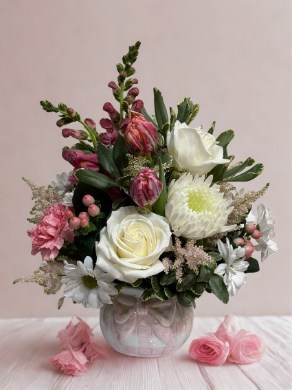 Baby Girl Basket of Blessings Arranged Flowers in Keepsake Ceramic Container