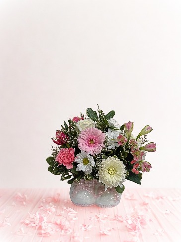 Baby Girl Blooms & Booties Arranged Flowers in Keepsake Ceramic Container in Mechanicsville, VA | Christy's Cottage - Home of Flowers by Zoie