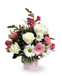 Baby Girl Botanicals Arranged Flowers in Keepsake Ceramic Container