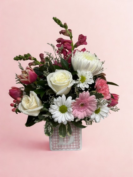 Baby Girl Botanicals Arranged Flowers in Keepsake Ceramic Container