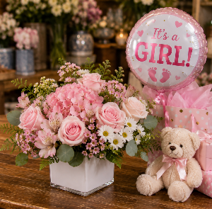 Baby Girl Congratulations Flower Arrangement Teddy Bear and Balloon Sold Seperatly