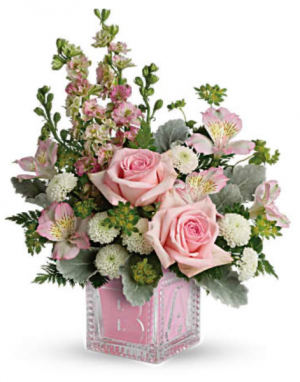 Baby Girl cube vase (some flowers substituted) New Baby