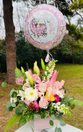 Baby Girl Flower Arrangement with Balloon  