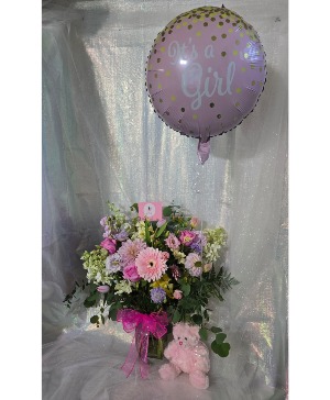 Baby Girl Flower bouquet, plush, balloon Gift set Flower Arrangement
