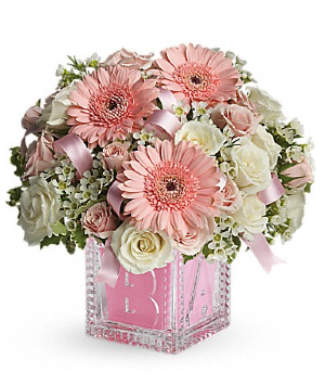 BABY GIRLS FIRST BLOCK FLOWER ARRANGEMENT