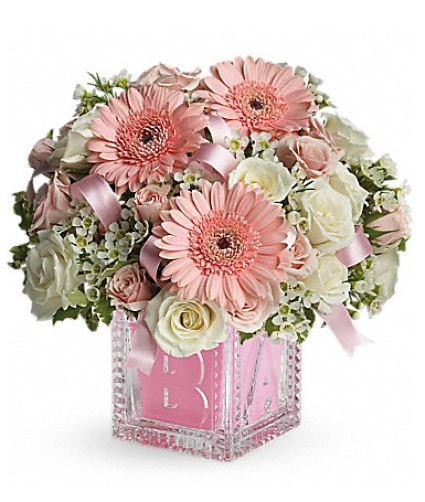 BABY GIRLS FIRST BOCK FLOWER ARRANGEMENT