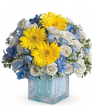 BABY'S FIRST BLOCK FLOWER ARRANGEMENT