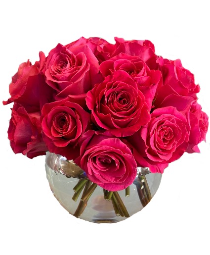 Barbie Pink Bubble Bowl Pave Rose Arrangement