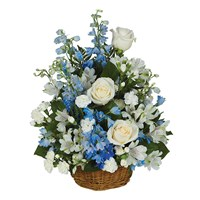 Basket of Dreams in Blue and White Delphinium with White Floral Acents in Gainesville, FL | PRANGE'S FLORIST- Sara & Lilli V