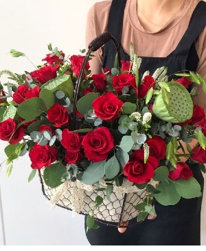 Basket of Red Roses  Flowers for the Home or the Service 