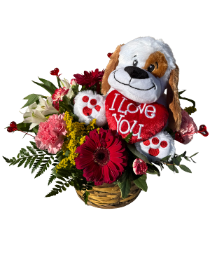 Basket with Valentine's Plush Floral Design 