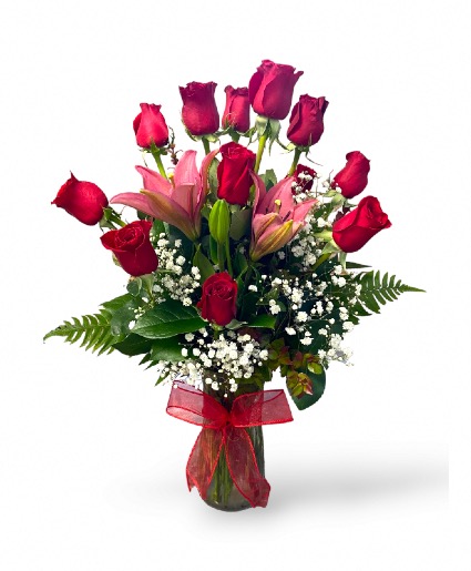 Just Perfect  (( WITH WHITE LILIES )) Vase Arrangement One Dozen Long Stem  Roses & Lilies